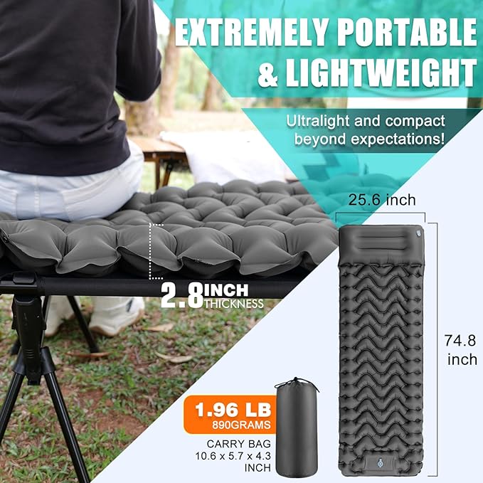Inflatable Camping Sleeping Pad with Pillow, Compact Sleeping Mat with Built-in Foot Pump, Lightweight Camping Air Mattress for Backpacking Traveling Hiking Tent