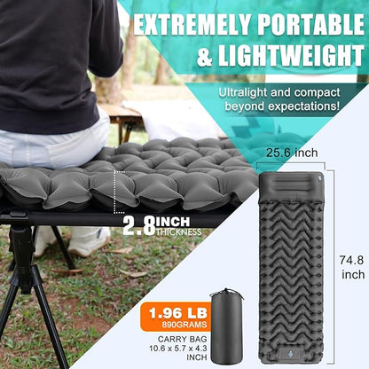 Inflatable Camping Sleeping Pad with Pillow, Compact Sleeping Mat with Built-in Foot Pump, Lightweight Camping Air Mattress for Backpacking Traveling Hiking Tent