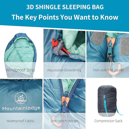 3-4 Seasons Cyan Two-Layer Shingle Sleeping Bag with Inner Pocket for Adult,Perfect for Backpacking,Traveling and Hiking,Including Free Compression Stuff Sack