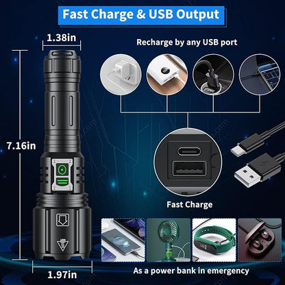 Super Bright Rechargeable Flashlight 1200000 High Lumens,Led Powerful Flashlights with 6 Modes,High Powered Flashlight with IP67 Waterproof,Tactical Emergency Flashlight (18.5, Watt Hours) (Tactical)