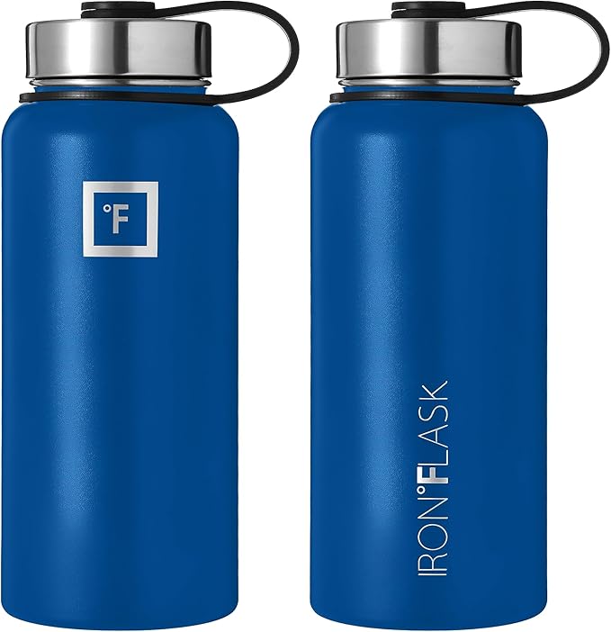 IRON °FLASK Camping & Hiking Hydration Flask, Wide Mouth, 3 Straw Lids, Stainless Steel Outdoor Water Bottle, Double Walled, Insulated Thermos, Metal Canteen - Cobalt, 32 Oz