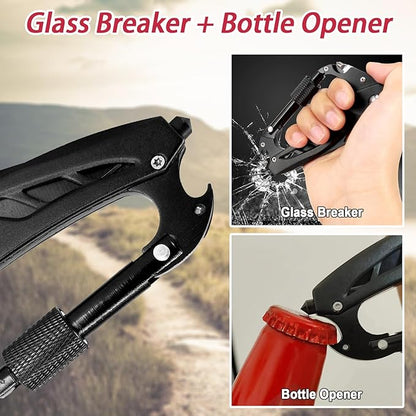 Carabiner Multitool 7-in-1, Carabiner with Pocket Knife, Serrated Folding Knife, Rope Cutter, Bottle Opener, Window Breaker, Screwdriver, Unique Gifts for Men, Outdoor Survival Gear, Camping Hiking