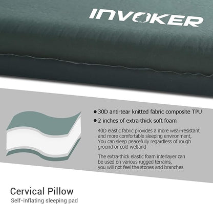 INVOKER Camping Sleeping pad - Self-Inflating 2inch Thick FexFoam Camping Mat,Ultralight&Compact Air Mattress Fast Inflatable for Traveling Backpacking Hiking Tent - Built-in Contour Pillow(Green)