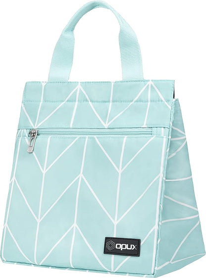 opux Lunch Bag for Women, Insulated Lunch Box Tote for Girls Kids Adult School Work, Reusable Womens Lunch Tote for Office Travel, Cute Small Lunch Tote, Fits 12 Cans - Chevron Teal