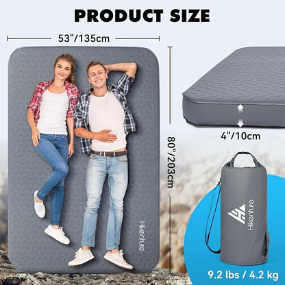 Hikenture 4" Thick Self Inflating Sleeping Pad, Ultralight Foam Camping Mattress 2 Person, 9.5 R-Value Insulated Sleeping Mat with Pump Sack, Portable Double Camping Pad for Tent, Car, Truck