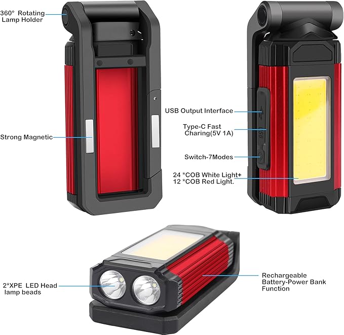 LED COB Rechargeable Flashlight Worklight,Trouble Lamp Gadget for Men Dad Birthday Gift Idea,Portable Torch Tool with Magnet Base 180° Rotate 7 Modes 2 Colors Light for Camping Mechanic BBQ