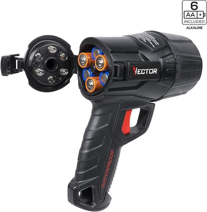 VECTOR LED Flashlight Spotlight, WPAK5V, Waterproof, 800 Lumens, Long Distance Light Beam, 6 AA Batteries Included
