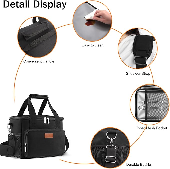 Femuar Lunch Bags for Women/Men, Insulated Lunch Bag for Work Office Picnic - Large Lunch Cooler Bag Leakproof Lunch Box with Adjustable Shoulder Strap for Adults - Black(15L)