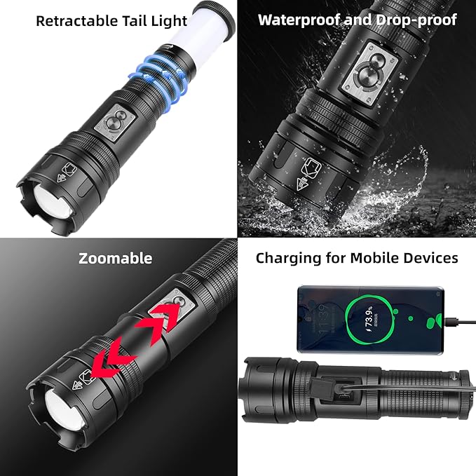 Flashlights High Lumens Rechargeable, Multifunctional Flashlight with Retractable Tail Light, 10 Modes, Led Tactical Flashlights 100000 Lumens for Home, Emergencies, Camping Essentials