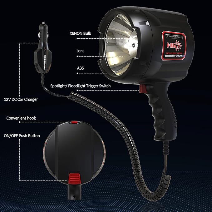 GOODSMANN 2000 Lumen Handheld Spotlight HID Spot Light with 12V DC Car Charger Trigger Activated Floodlight Camping Flashlight for Sailing Patrolling Fishing Hunting Hiking Road Trips