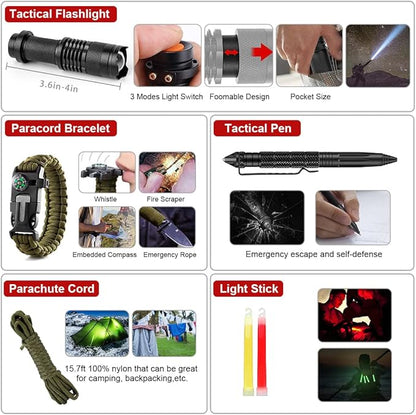 Survival Kits,222 PCS Emergency Survival Gear First Aid Kits with Molle System Compatible Bag Outdoor Camping Gear Emergency Kits for Hunting,Hiking,Fishing, Gifts for Men Women