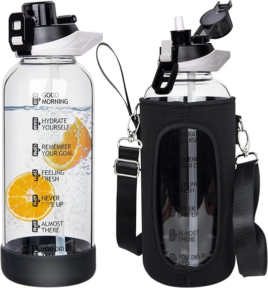 48 oz Large Sports Glass Water Bottle with Straw & Time Marker, Motivational Daily Glass Drinking Bottle with Strap for Fruit Infused Water, Smoothie, Coffee
