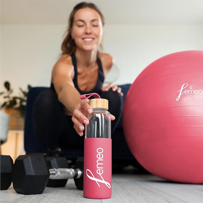 Femeo® Glass Water Bottle for Women | Eco, Yoga & Gym Friendly, 18oz | 100% Leakproof, BPA-Free, Dishwasher Safe, Borosilicate Drinking Glass Bamboo Sports Cap Pink