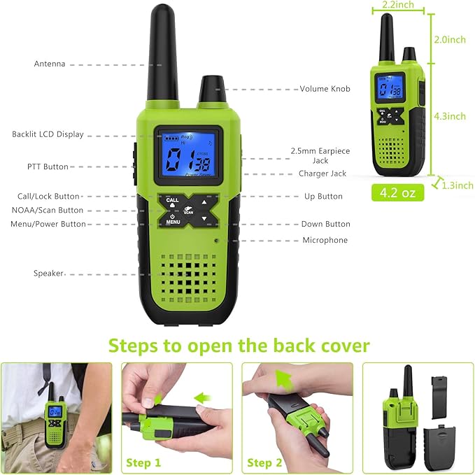 4 Rechargeable Walkie Talkies for Adults Long Range - Long Distance 2 Way Radios Walkie Talkies 4 Pack Work Walkie Talkies with Earpiece and Mic Set Headsets USB Charger Battery NOAA Weather Radio