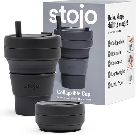 STOJO Titan Collapsible Travel Cup With Straw - Carbon Gray, 24oz / 710ml - Reusable To-Go Pocket Size Silicone Cup for Hot & Cold Drinks - Camping and Hiking - Microwave & Dishwasher Safe
