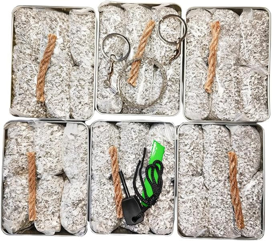 Emergency Fire Starter Magnesium 6 Bags Wax Infused Jute Rope Ferro Rod Striker Saw Wire for Camping Hiking Bushcraft Hurricane + Tin Container