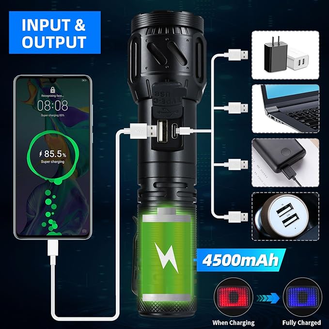 DARKBEAM LED Flashlight High Lumens,Rechargeable 900,000LM Super Bright, Emergency Mobile Charge - 5 Mode, Focusable, Water Resistant, Long Lasting - Handheld Camping Flash Light for Power Outage