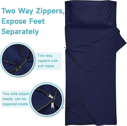 Sleeping Bag Liner, Sleep Sack Travel Sheets, Two-Way-Zipper Expose Feet Separately, Portable Single Camping Sheet for Hotel,Hostels,Business Trips