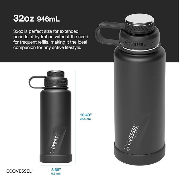 EcoVessel Stainless Steel Water Bottle with Insulated Dual Lid, Insulated Water Bottle with Strainer and Silicone Bottle Bumper, Coffee Mug – 32oz (Deep Sea)