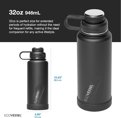EcoVessel Stainless Steel Water Bottle with Insulated Dual Lid, Insulated Water Bottle with Strainer and Silicone Bottle Bumper, Coffee Mug – 32oz (Deep Sea)