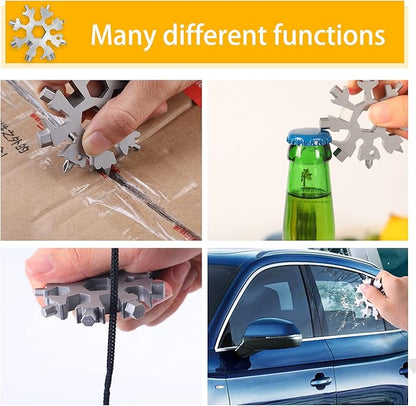 FZENeast Snowflake Multitool, 1 Piece 18-in-1 Stainless Steel Snowflake Standard Multitool, Snowflake Wrench with Key Ring, Carabiner Clip and Gift Bag (Silver)