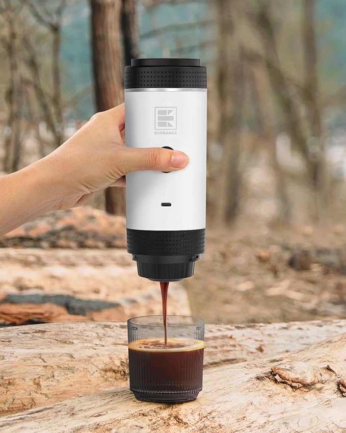 Portable Electric Espresso Machine, Travel Coffee Maker for Camping, Car, RV & Hiking, Self-Heating with Type-C, Compatible with Ground Coffee & NS Capsules, White