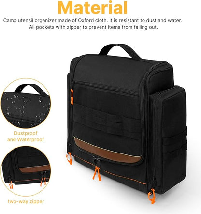Large Tactical Hanging Camping Cookware Bag, Camping Kitchen Organizer with Paper Towel Holder and Multi Pockets, Camping Cooking Utensils Organizer for RV Tent Camper and Grilling, Bag Only (Black)