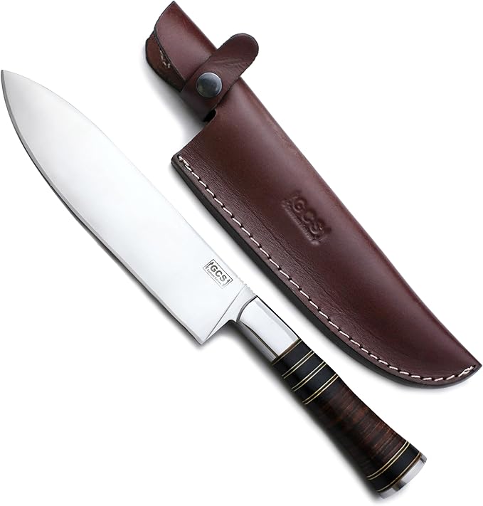 GCS Handmade Stacked Leather Handle D2 Tool Steel Chef Knife with leather Buffalo Hide Sheath 130