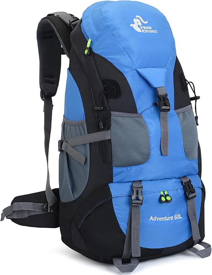 Bseash 50L Hiking Backpack, Water Resistant Lightweight Outdoor Sport Daypack Travel Bag for Camping Climbing Touring (Light Blue - No Shoe Compartment)