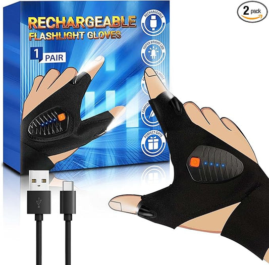 Rechargeable LED Flashlight Gloves, Gifts for Men Dad Him Boyfriend Birthday Christmas, Cool Gadgets Waterproof Hands-Free Light Gloves with Battery Indicator for Repairing Fishing Camping