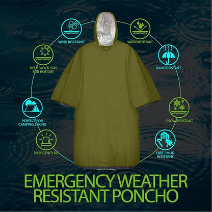 FosPower Emergency Rain Poncho [4 Pack] [Retains 90% Body Heat] Reusable Weather Resistant Raincoat for Men, Women, Adults, Camping, Hiking, Emergency Supplies & Survival Kits (Green)