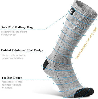 Heated Socks for Men Women, SAVIOR HEAT Electric Rechargeable Battery Thick Long Ski Socks for Winter Cold Weather Hunting Hiking Camping Skating Motorcycle Cycling Fishing