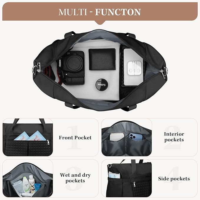 Maelstrom Gym Bag for Women,40L Travel Duffel Bag with Shoes Compartment and Wet Pocket,Waterproof Carry On Weekender Bag,Sport Gym Tote Bags Swimming Yoga, Hospital Holdalls-Black