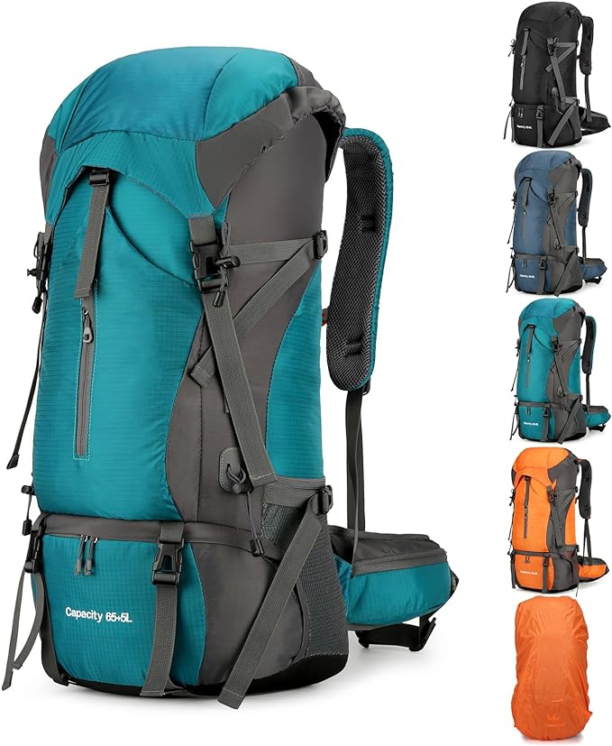 OKYUK 70L Hiking Backpack, Camping Hiking Back Pack, Water Resistant Lightweight Mountain Climbing Bag, Outdoor Camping Sport Daypack with Rain Cover, for Travel, Touring, Cycling (Green, 70L)