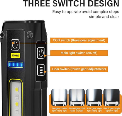 2 Pack Portable Rechargeable LED Work Light, Mini Magnetic Flashlights for Mechanics with COB Sidelight, Small Multi-Use Waterproof Super Bright Car Repair Emergency Trouble Light