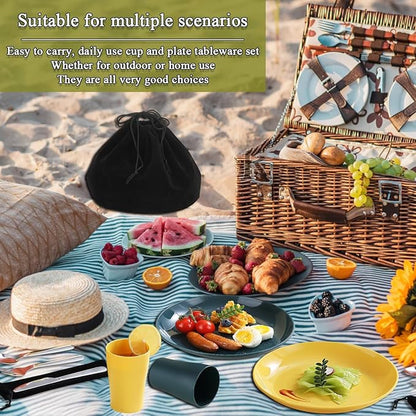 Camping Utensils Mess Kit, Including Camping Spoon, Fork, Knife, Plate and Cup Packed in a Portable Bag, Easy to Carry, Dishwasher Safe