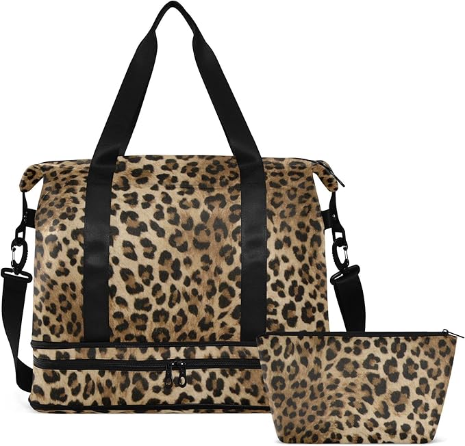 Leopard Weekender Bag for Women, Speckled Gym Sports Duffle Travel Tote With Toiletry Compartment, Shoes Storage, Dry/Wet Separation for Swimming