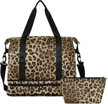 Leopard Weekender Bag for Women, Speckled Gym Sports Duffle Travel Tote With Toiletry Compartment, Shoes Storage, Dry/Wet Separation for Swimming