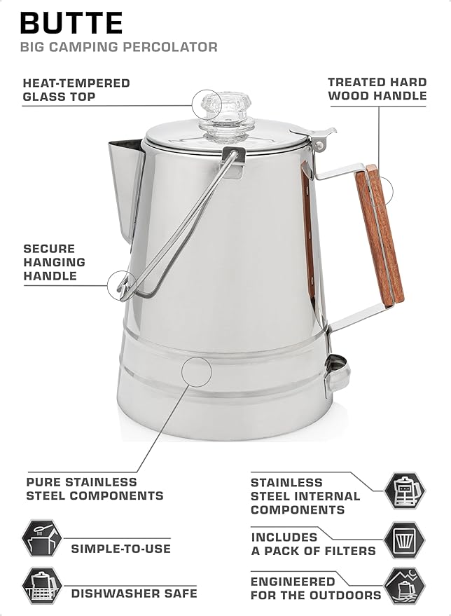 COLETTI Butte Percolator Coffee Pot — Large Coffee Pot, NO Aluminum or Plastic [14 Cup]