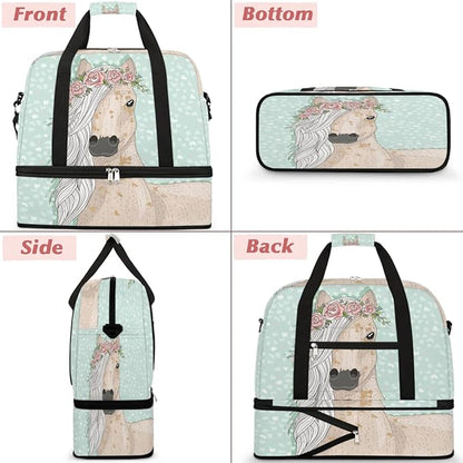 Flower Horse Foldable Travel Duffel Bag, Expandable Sports Gym Bag with Shoes Compartment Weekender Overnight Totes Bags for Women Men
