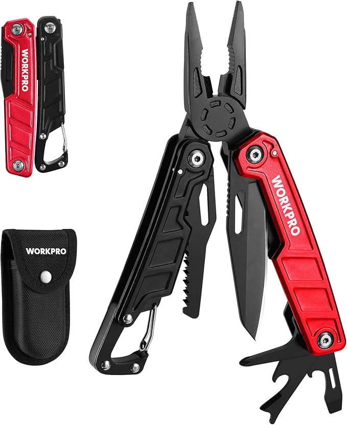 WORKPRO Multitool-11 in 1 Multitool Pliers with Pocket Clip and Sheath-EDC Multi Tool Knives with Safety Lock-Camping Tools Pocket Knife with Screwdriver Saw Blade Wire Cutter and Bottle Opener-Red