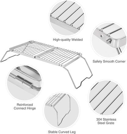 REDCAMP Folding Campfire Grill 304 Stainless Steel Grate, Adjustable Height Portable Camping Grill with Carrying Bag for Outdoor Cooking BBQ