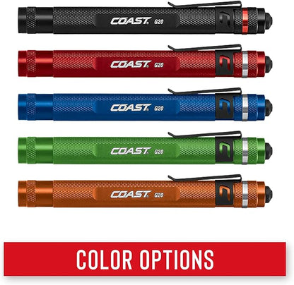 COAST® G20 Inspection Beam LED Penlight with Adjustable Pocket Clip and Consistent Edge-To-Edge Brightness, Red, 54 lumens