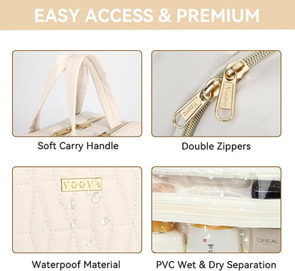 Voova Hanging Travel Toiletry Bag for Women Men, Waterproof Makeup Cosmetic Organizer Holder for Toiletries Accessories, Traveling Essentials,Shampoo,Full-Sized Container, Brushes Kit Set, Beige