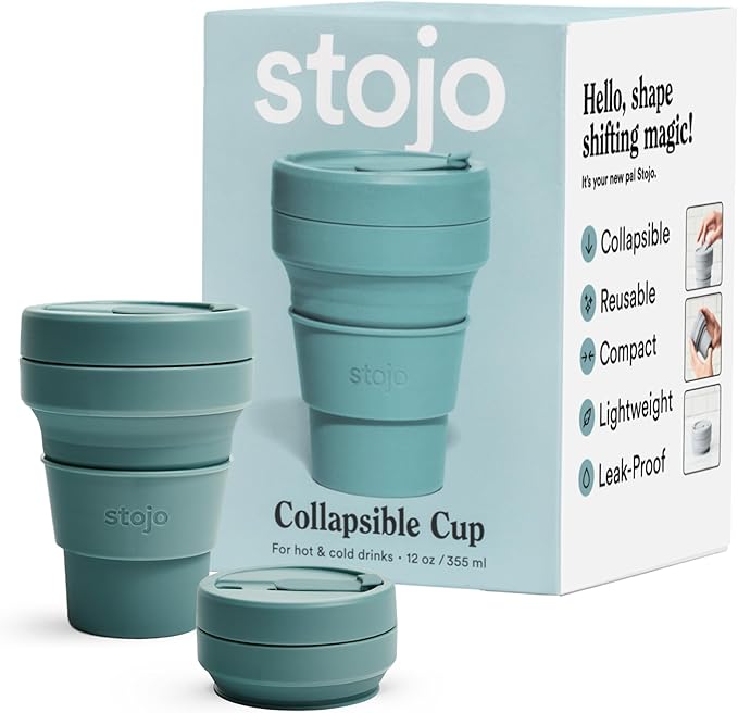 STOJO Collapsible Travel Cup - Eucalyptus, 12oz / 355ml - Reusable to-Go Pocket Size Silicone Cup for Hot and Cold Drinks - Perfect for Camping and Hiking - Microwave & Dishwasher Safe