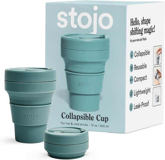 STOJO Collapsible Travel Cup - Eucalyptus, 12oz / 355ml - Reusable to-Go Pocket Size Silicone Cup for Hot and Cold Drinks - Perfect for Camping and Hiking - Microwave & Dishwasher Safe