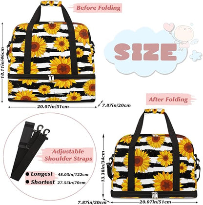 Sunflower Flower Stripe Foldable Travel Duffel Bag Sports Tote Gym Bag With Shoe Compartment For Woman Man Carry On Luggage Overnight Travel Weekend Yoga Workout Bag Training Handbag