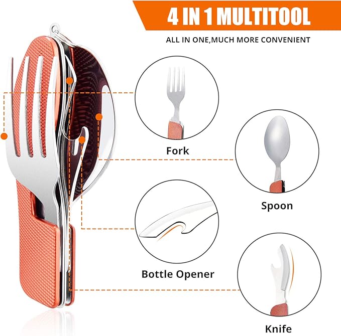 Camping Utensils 2 Pack,HIKENTURE 4-in-1 Stainless Steel Spoon, Fork, Knife, and Bottle Opener Combo - Lightweight and Portable Travel Eating Silverware for Hiking, Backpacking, and Picnic (Red 2pack)