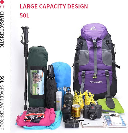 Bseash 50L Hiking Backpack, Water Resistant Lightweight Outdoor Sport Daypack Travel Bag for Camping Climbing Touring (Purple - No Shoe Compartment)