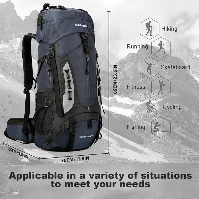 King'sGuard 60L Hiking Backpack Men Women Camping Backpack Waterproof Backpacking Mountaineering Climbing Daypack with Rain Cover (Navy)